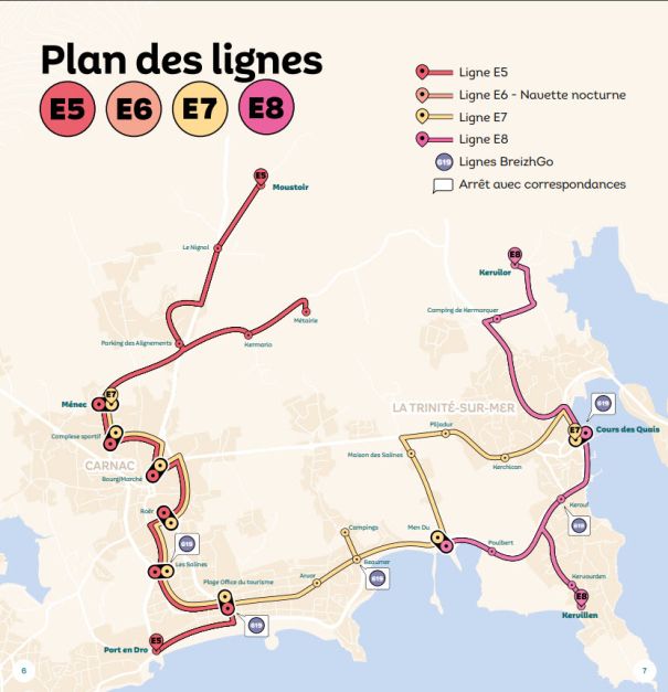 Plan des lignes de la navette estivale Glaz go entre Carnac et La Trinite-sur-Mer, avec l'arret Kervillen devant le Camping de la Baie