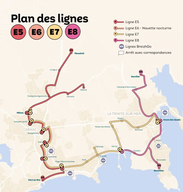 Plan des lignes de la navette estivale Glazgo entre Carnac et La Trinitu00e9-sur-Mer, avec l'arru00eat Kervillen pru00e8s du Camping de la Baie